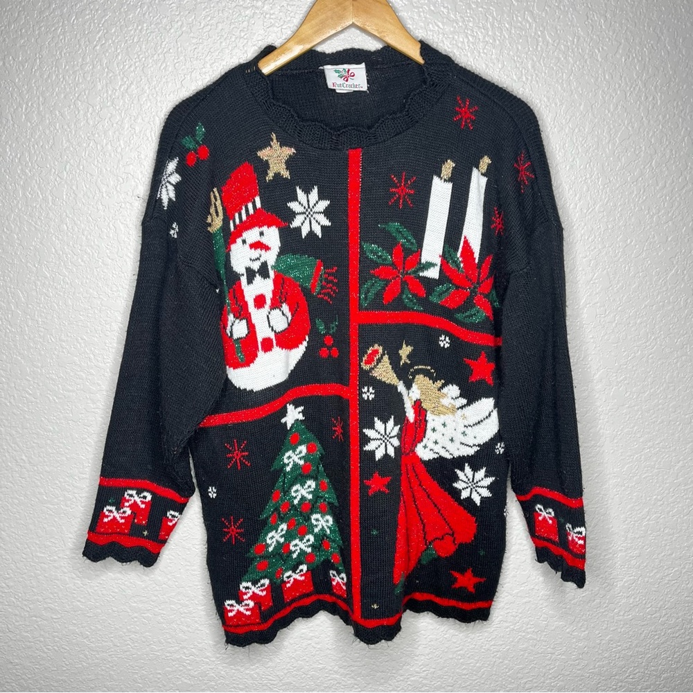 Vintage Festive Nutcracker Black Christmas Sweater with‎ Holiday Motifs Large L